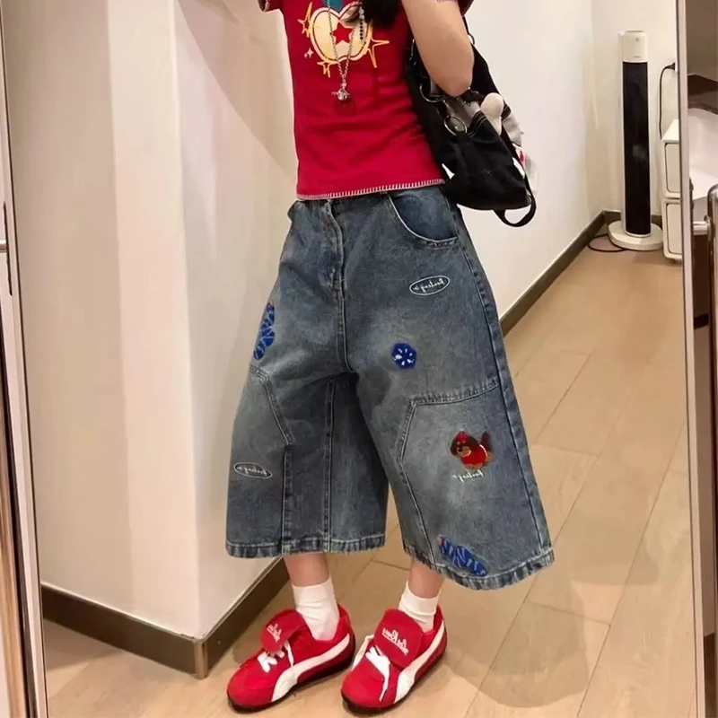 趣味刺绣复古水洗牛仔七分裤女夏季新款做旧宽松直筒休闲百搭短裤