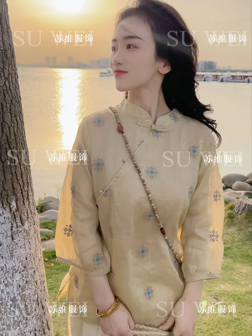 1123苎麻新中式风女装中国风网红斜襟时尚复古衬衫