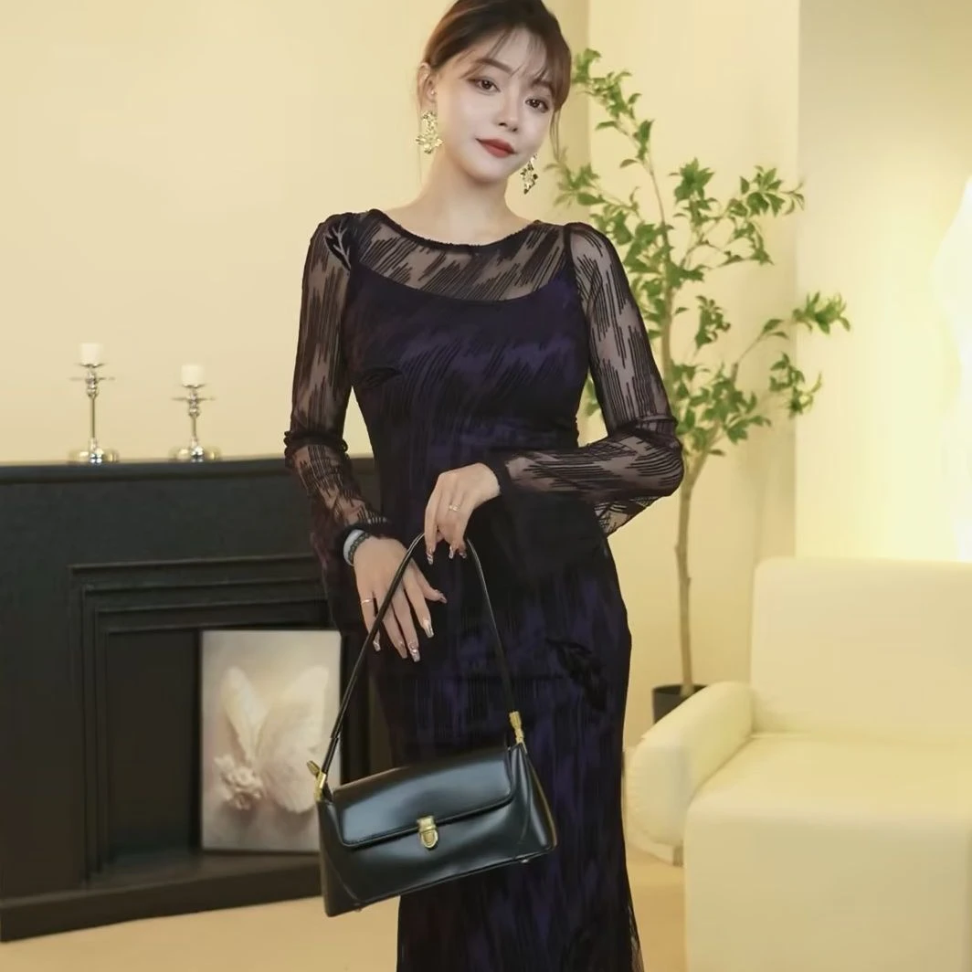 【恩雅】幽影律动 春季新款法式收腰显瘦鱼尾连衣裙-YL0026