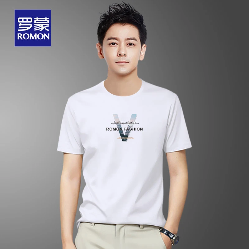 罗蒙夏季短袖男士T恤宽松潮流圆领衣服休闲运动中青年印花体恤衫