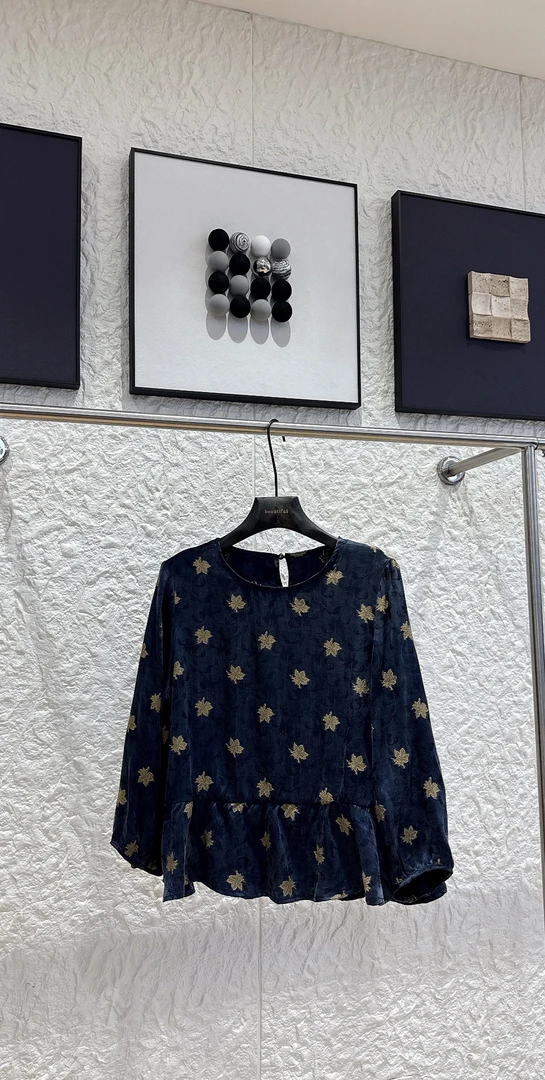 复古蓝底金线刺绣花朵上衣 圆领长袖荷叶边下摆气质衬衫-152