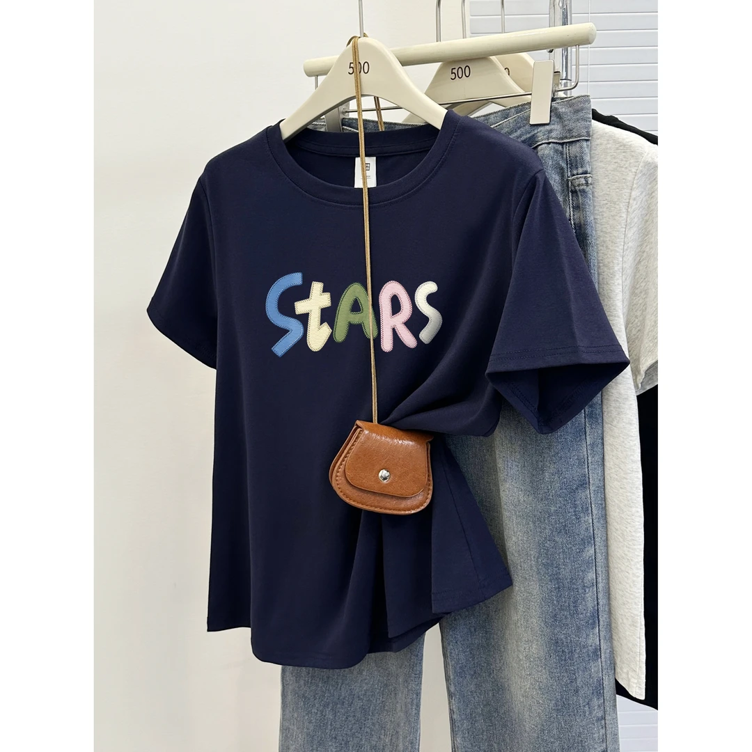 大码圆领正肩短袖t恤女夏季胖mm显瘦藏肉设计感字母印花半袖上衣