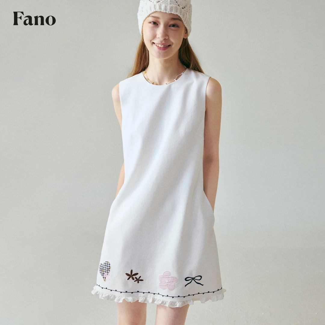 范洛 夏夜花语 趣味贴布绣 俏皮木耳边拼接a字连衣裙FX25L148推广