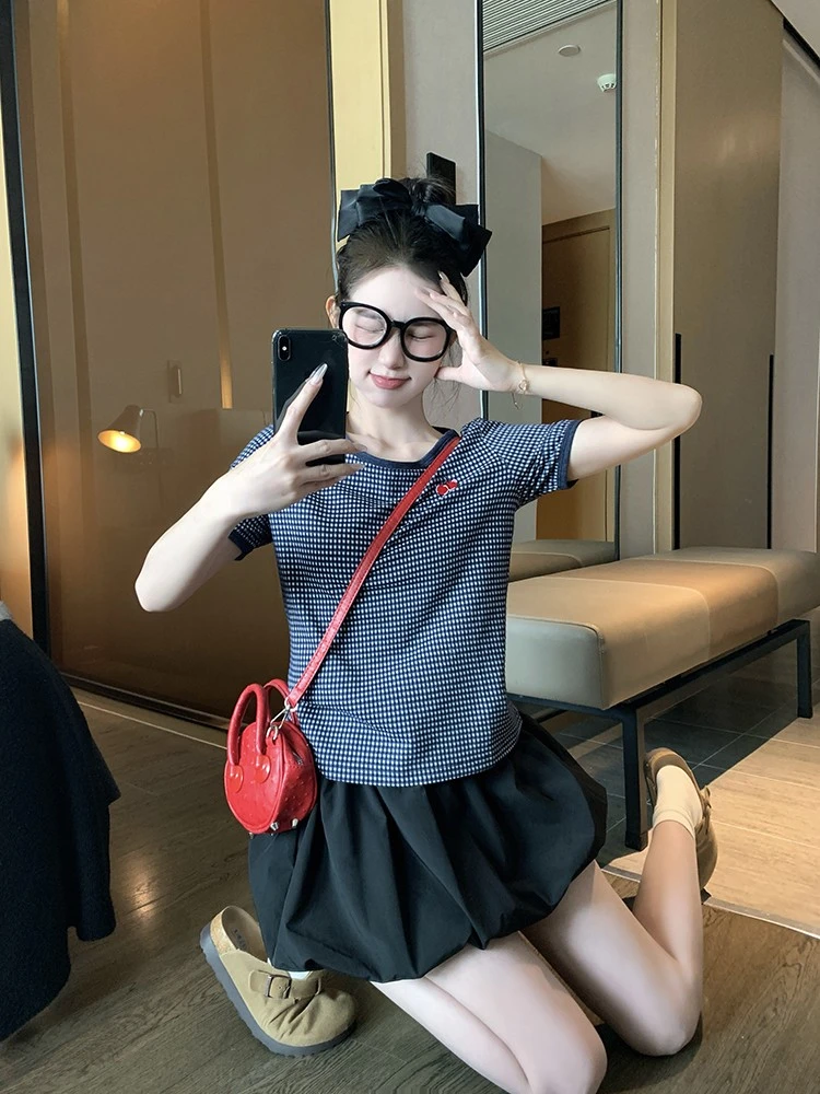 【042】2025日系甜美条纹小樱桃印花短袖T恤初夏宽松休闲高级上衣