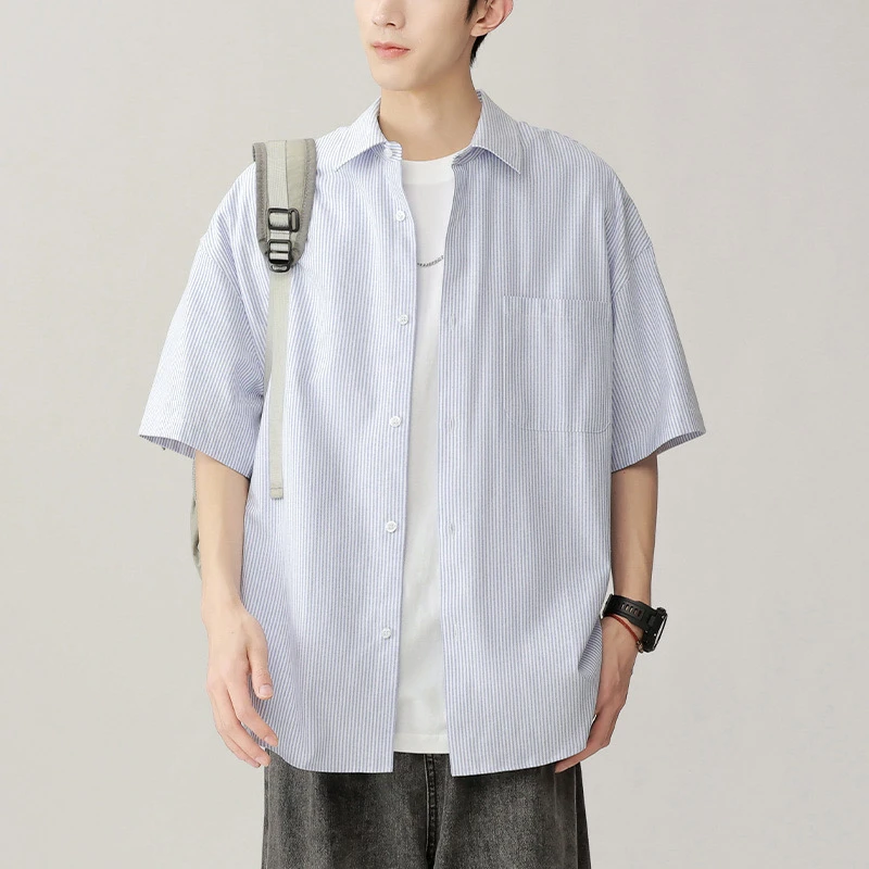春季男条纹长袖日系条纹工装衬衫休闲衬衫男装港风痞帅宽松衬衣