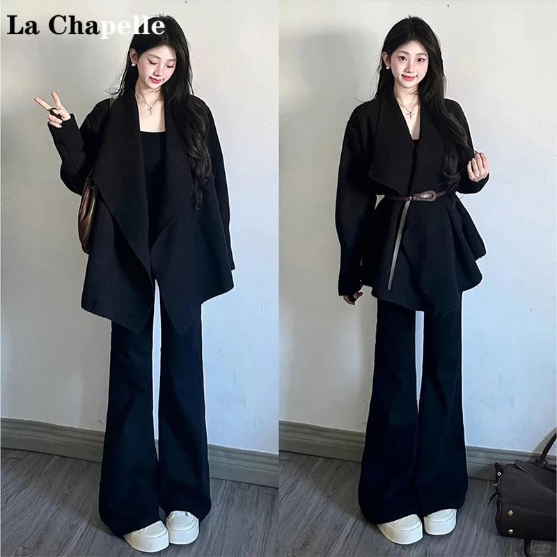 拉夏贝尔黑色高腰微喇牛仔裤女2025秋新款修身辣妹马蹄喇叭裤