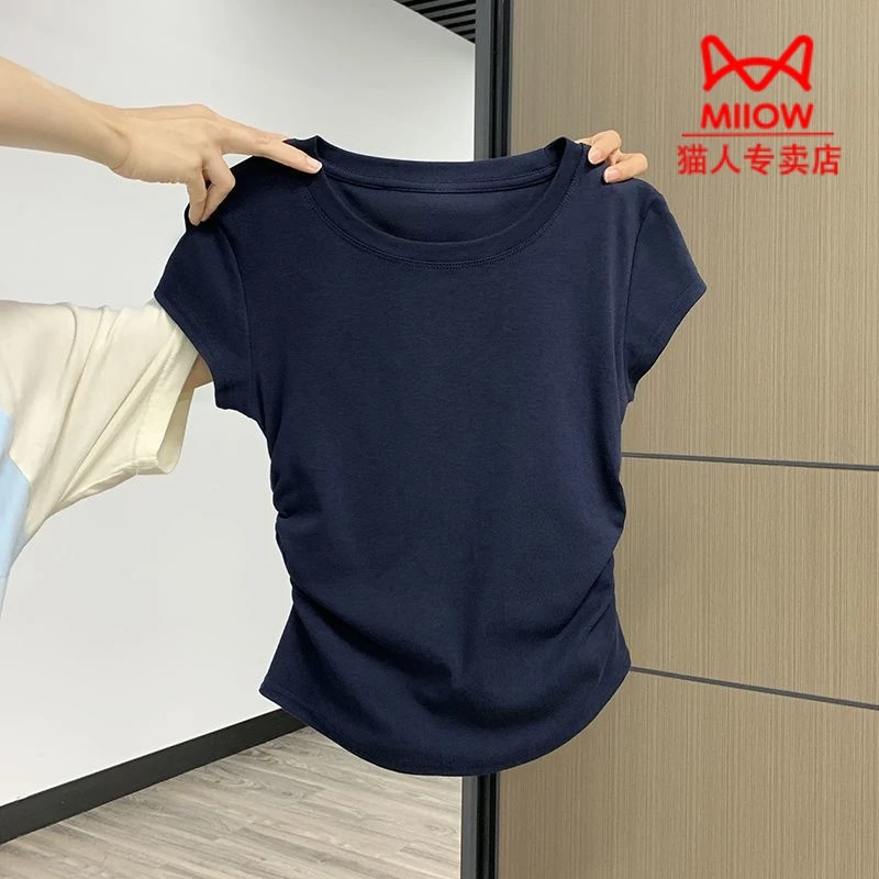 猫人藏蓝色正肩短袖T恤女款夏季新款设计感褶皱收腰紧身飞袖上衣