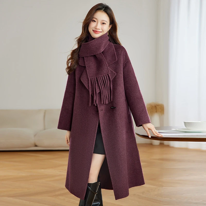 秋冬季女装新款可拆卸围巾领加长款系带气质双面羊毛呢外套中长款