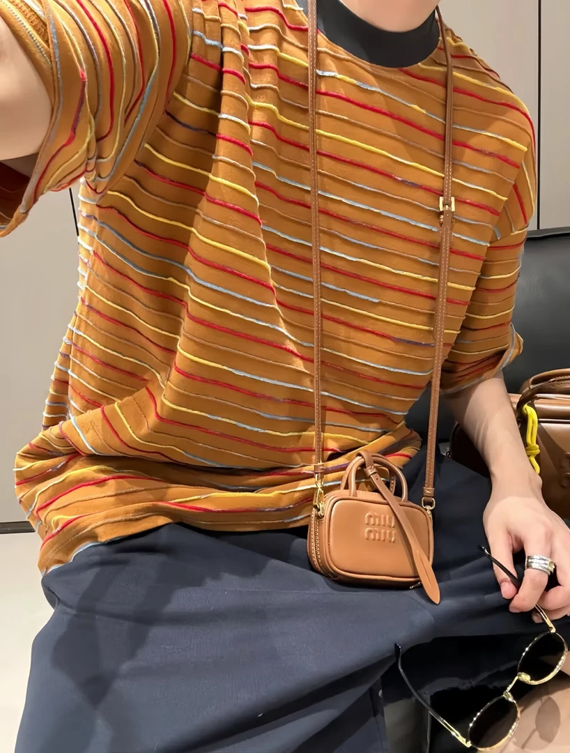 夏季新款多色条纹小领口重磅T恤宽松短袖T恤男女情侣半袖上衣服