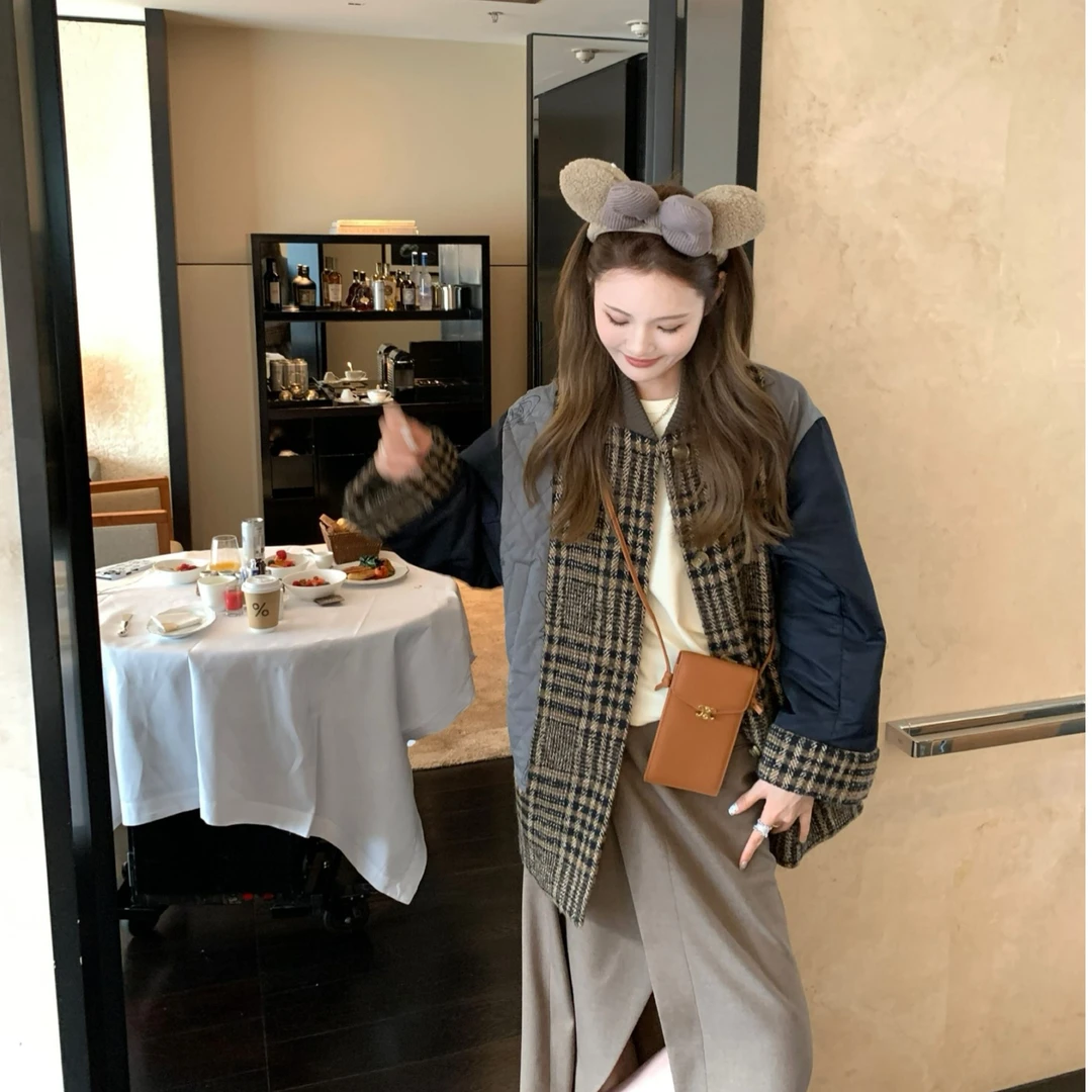 aaaaxbbb 伦敦雾夜 拼接格子保暖百搭外套女长款夹棉休闲夹克