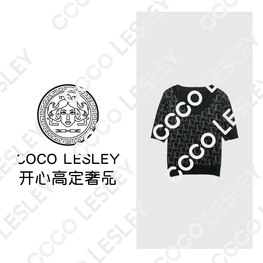 【COCO LESLEY】D字母重工水钻图案V领套头短袖针织衫msl115