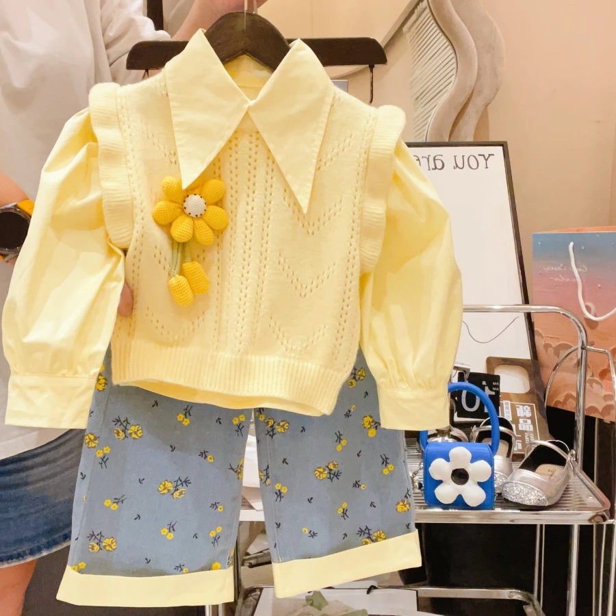 HHkids女童新款针织2025洋气花朵针织衫衬衫牛仔裤三件套GTZ026