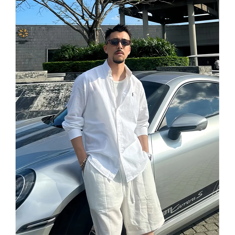 白色小马刺绣亚麻衬衫男款夏季松弛感轻薄衬衣美式慵懒风外套