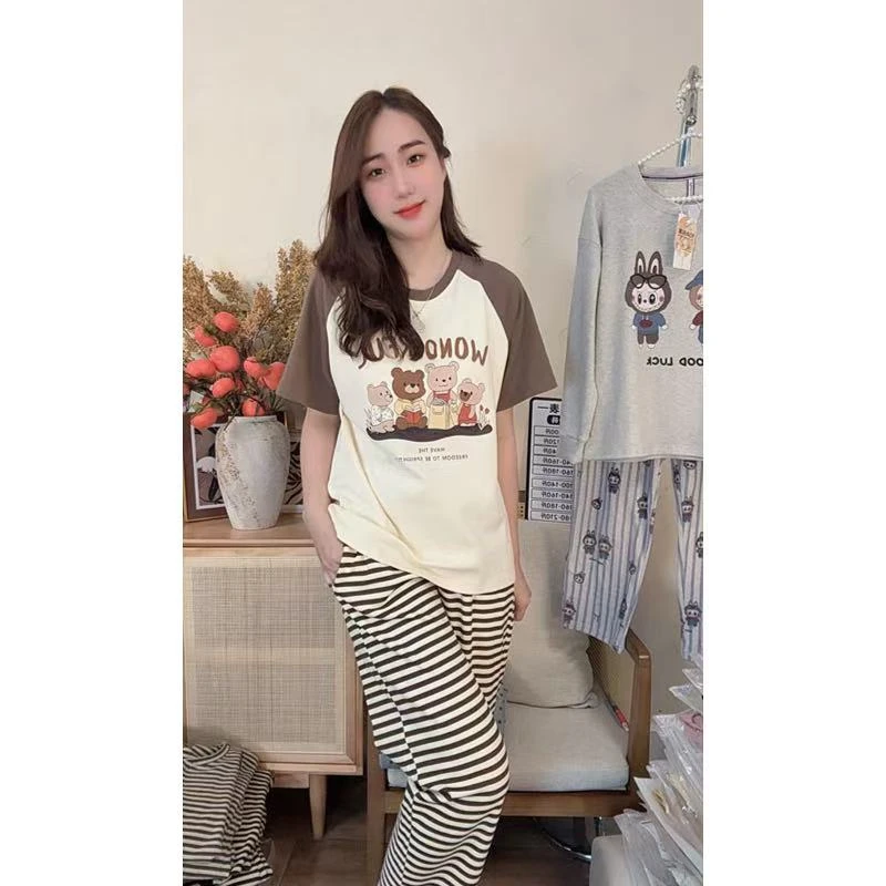胸垫版睡衣女新夏季纯棉短袖长裤休闲可外穿家居服套装（小熊乐园）