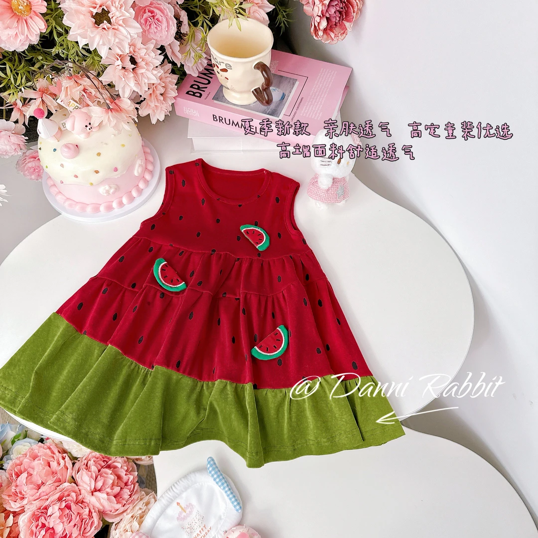 【Dannirabbit】"夏日清凉+立体西瓜"拼色无袖可爱女童连衣裙X-8079