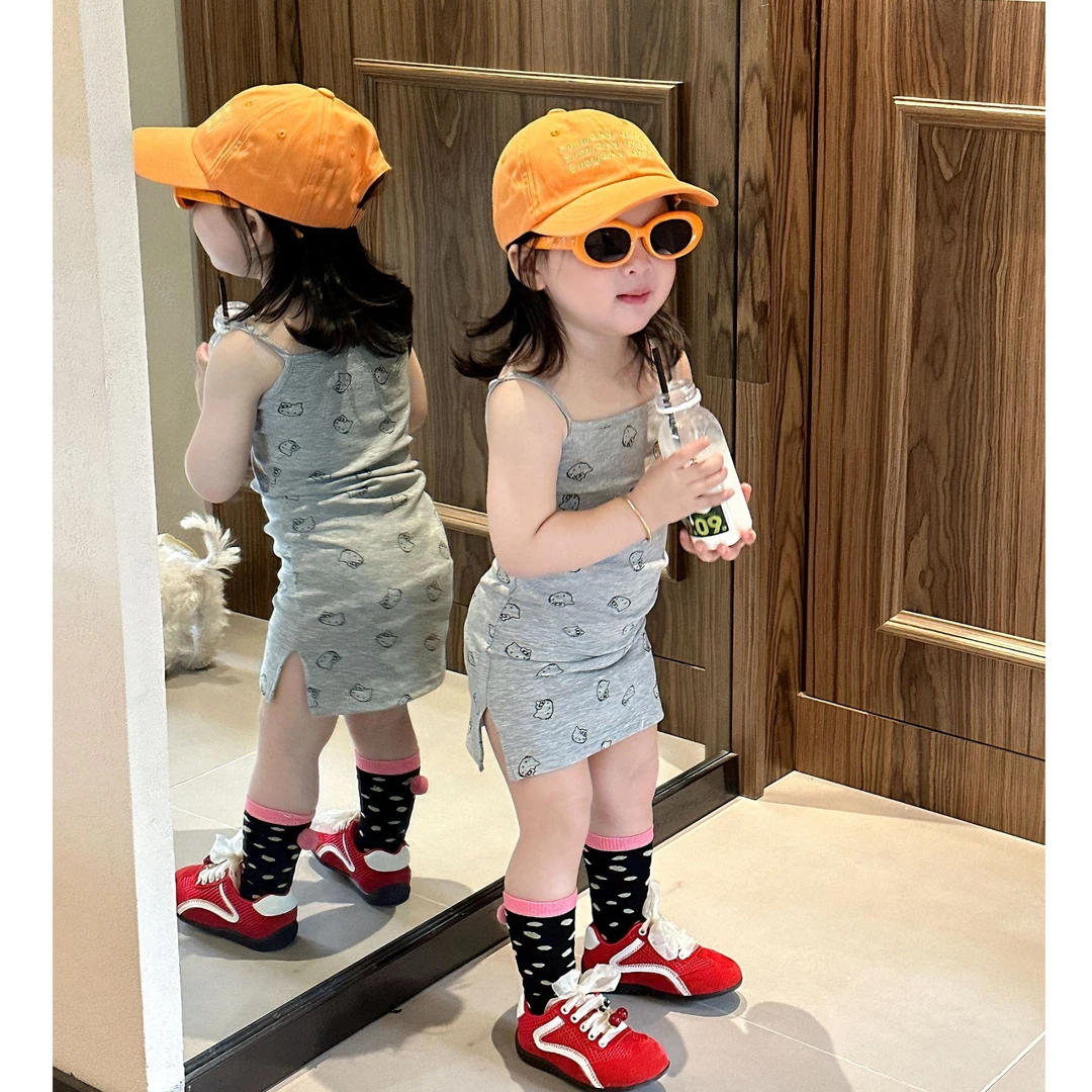 小惜亦女童2025夏季新款韩版辣妹风灰色KT猫吊带裙夏日清凉穿搭