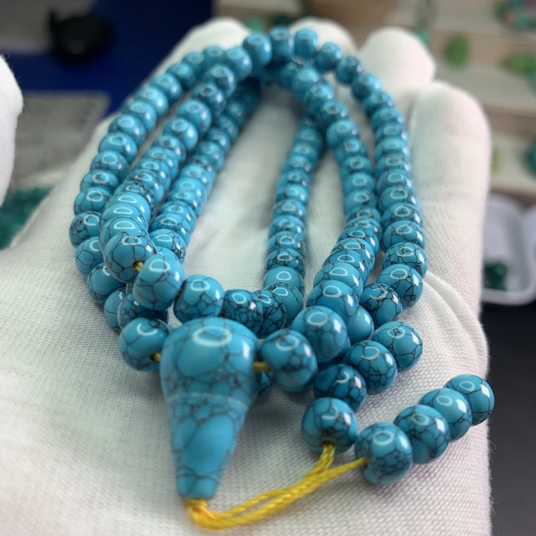 湖北原矿纯手工特色高瓷原石精工6.5mm老邢蓝花珠108长链