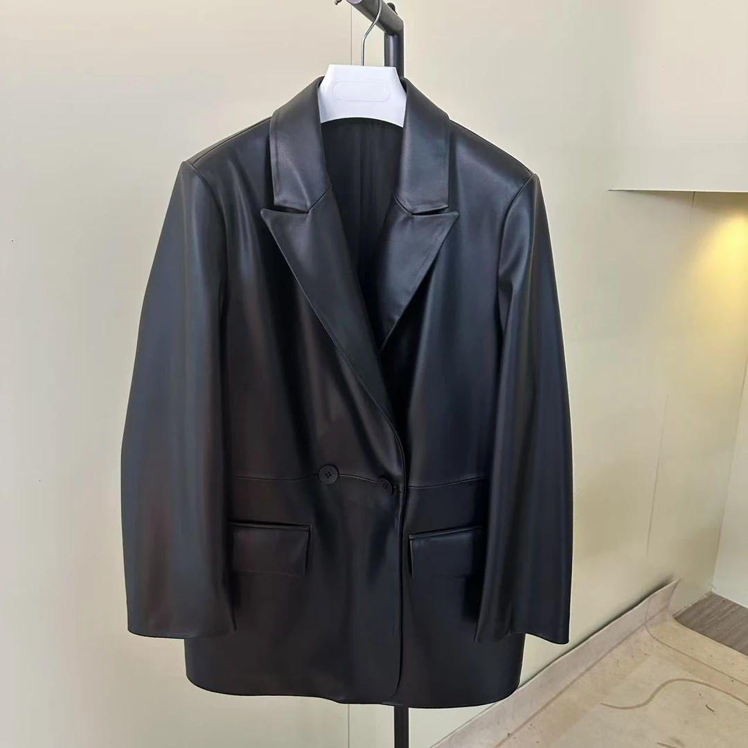《媚菲XIYUA》海宁大码真皮皮衣608春季新款时尚简约西装外套