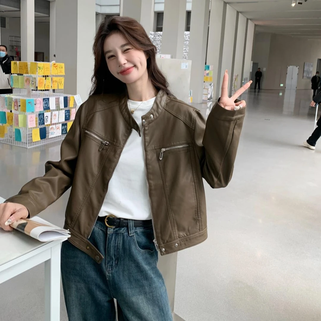 港风复古短款PU皮衣外套女2025春秋新款韩系美拉德小个子皮夹克潮