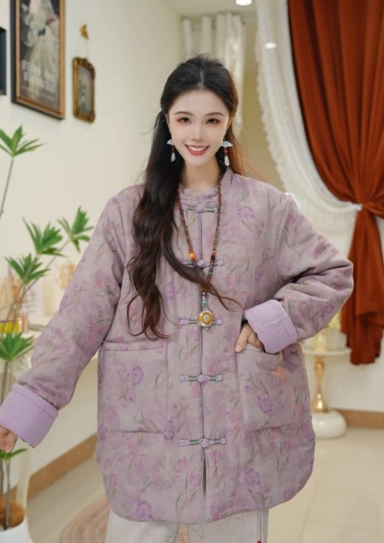 2025中式盘扣棉麻棉衣女冬季新款宽松立领中长款棉服外套
