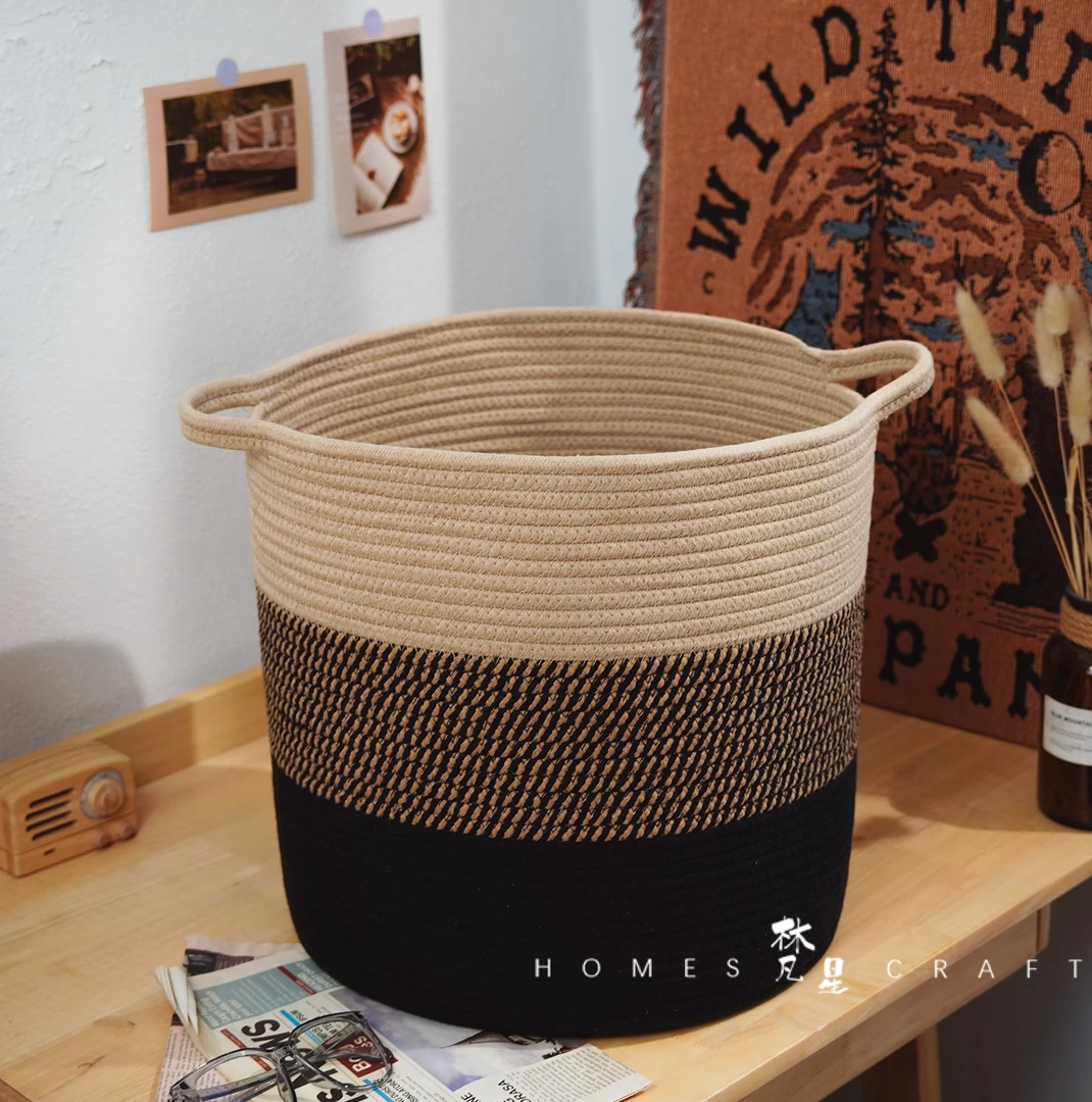 S107 三拼色棉绳编织简约居家收纳筐家用圆形脏衣桶客厅北欧日式