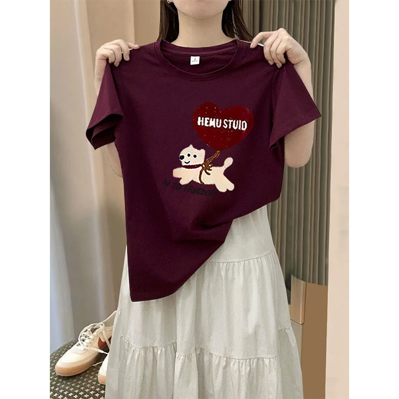 小众高级设计感正肩卡通小狗短袖t恤女装时尚百搭洋气乌梅紫上衣