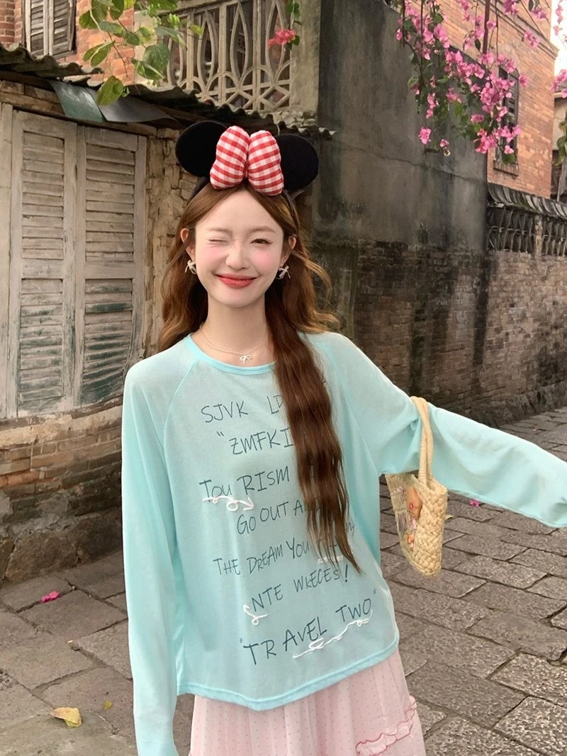 休闲慵懒长袖字母印花圆领T恤女夏季宽松显瘦蓝绿上衣薄款防晒衫