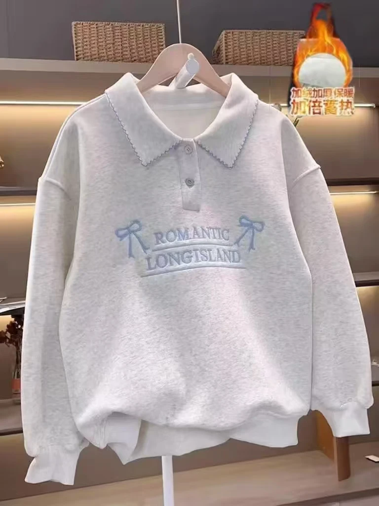 女童卫衣秋冬百搭新款儿童上衣洋气POLO领女大童加绒休闲打底衫