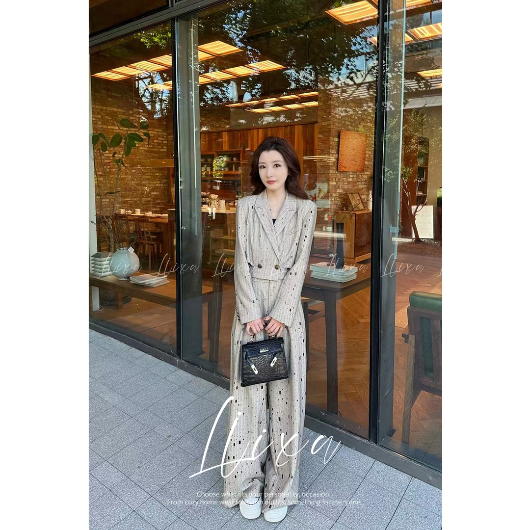 Liixu高级感西装套装女烫钻镂空外套美背阔腿裤三件套24TZ076