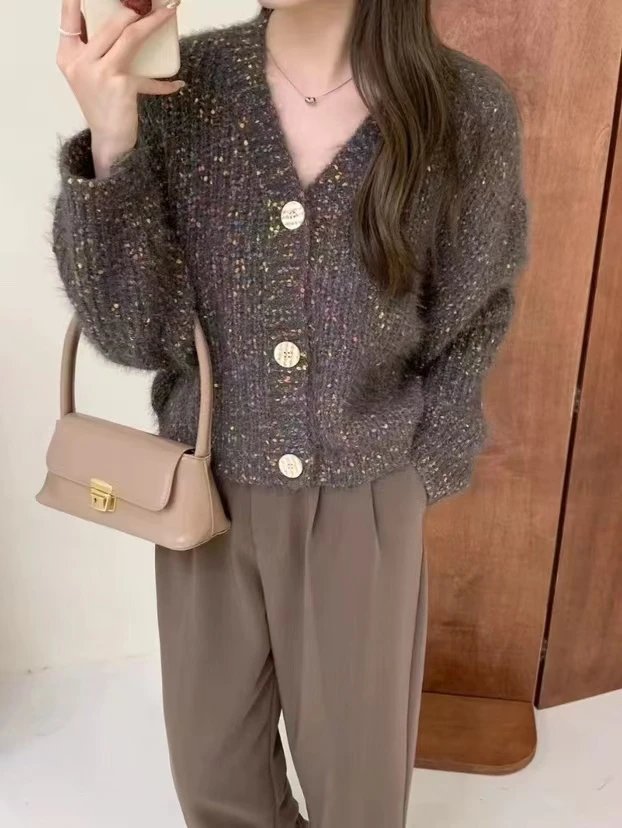 2025春季软糯复古彩点短款宽松针织开衫毛衣外套上衣女3062