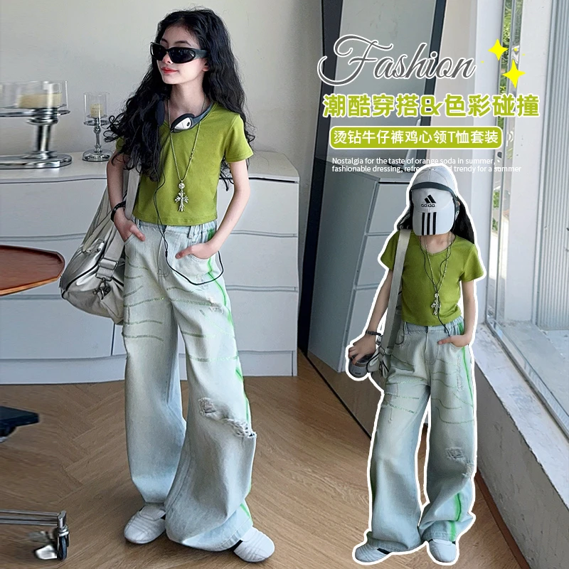 女童夏款炸街辣妹T恤阔腿裤套装9中大童酷飒破洞牛仔直筒裤短袖潮
