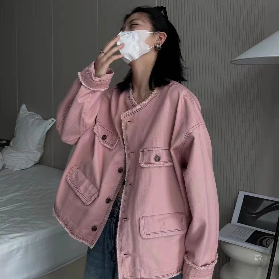 超好看得粉色软牛仔秋季百搭宽松型复古女休闲时尚直筒型短外套