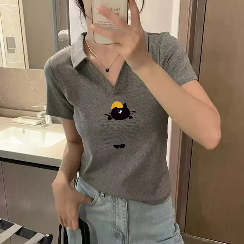 欧货POLO领高级灰短袖女t恤2025新款夏季修身打底衫短款洋气上衣