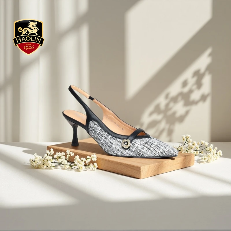 豪麟名鞋迪嘉女鞋织物+羊皮革夏季细跟尖头半凉鞋DJELA51WB019