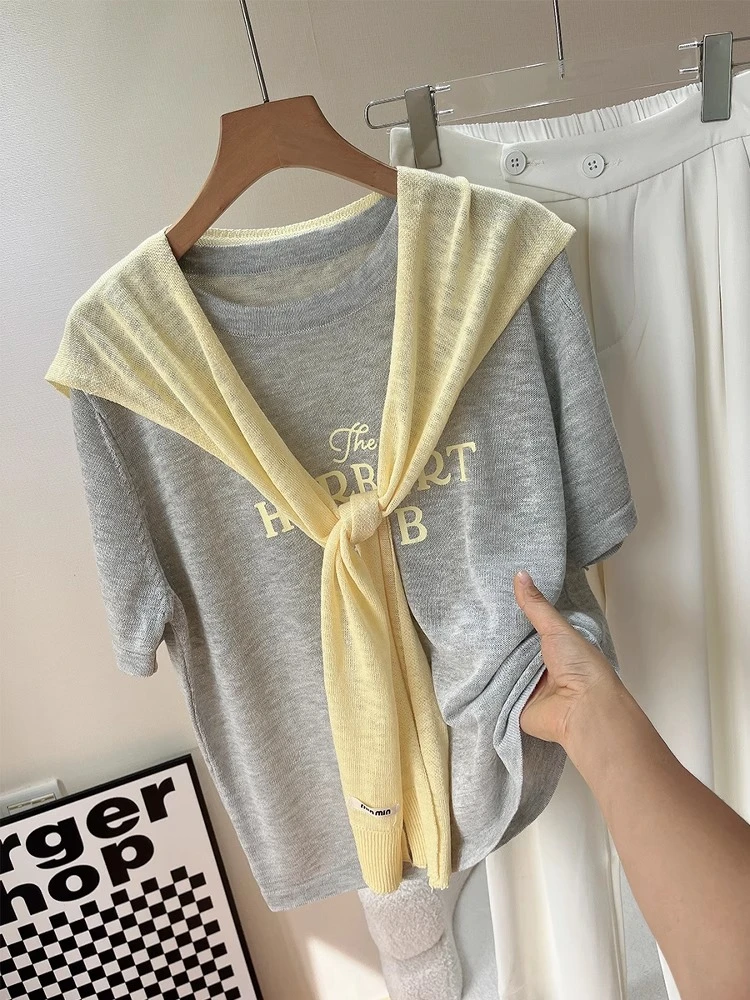 2025圆领宽松印花字母短袖T恤女两件撞色披肩时髦洋气女针织J1-68