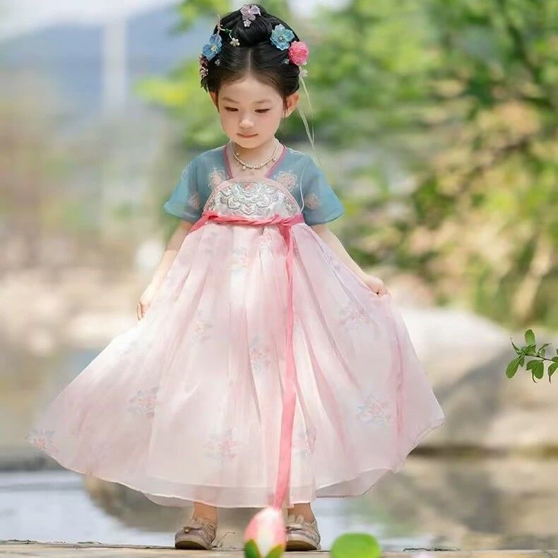 {山蓝}汉服2025夏季新款女孩古装超仙国风连衣裙古风表演儿童