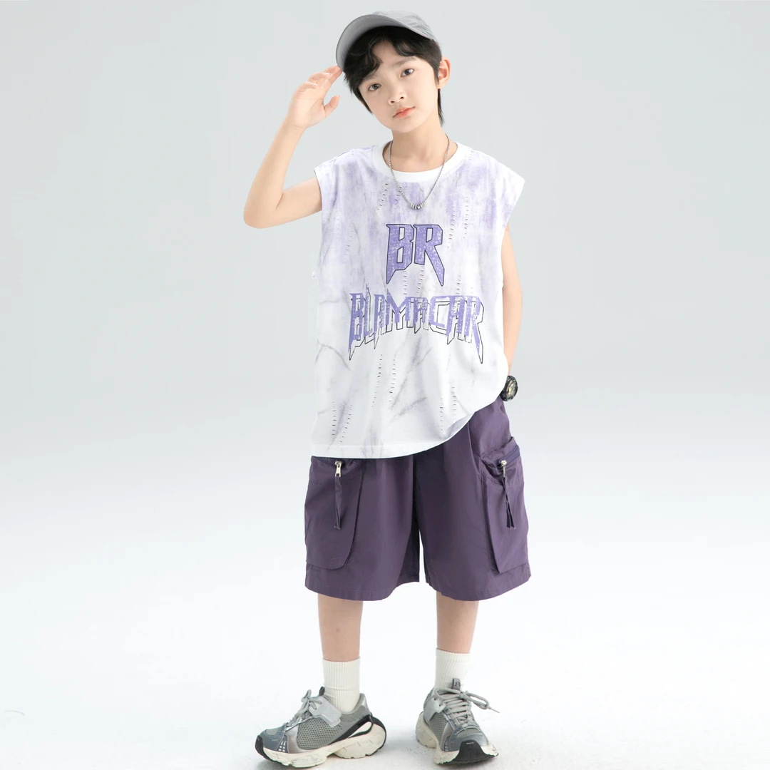 男童套装中大儿童夏装新款夏季无袖背心网红套装【黄梅】B5357