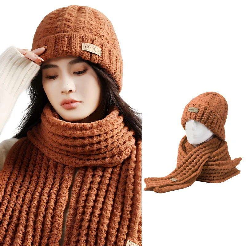 针织帽子围巾一体无檐时尚帽圆顶百搭加厚包头帽女士学生韩版