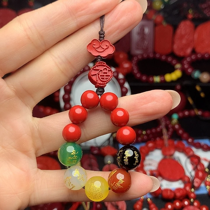 天然辰砂保真高含量红砂五路财神手机链包挂饰品