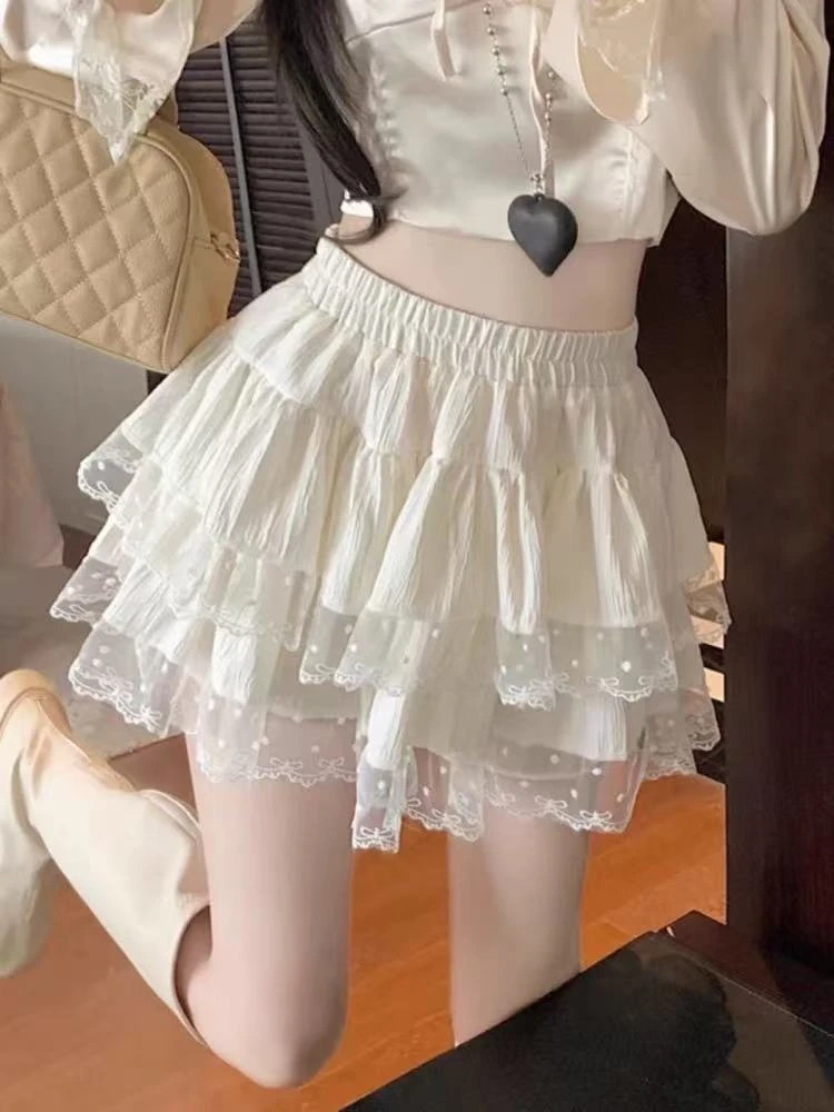 蕾丝短裙高腰夏季蕾丝百褶半身裙半身裙甜美百搭荷叶边A蛋糕裙女