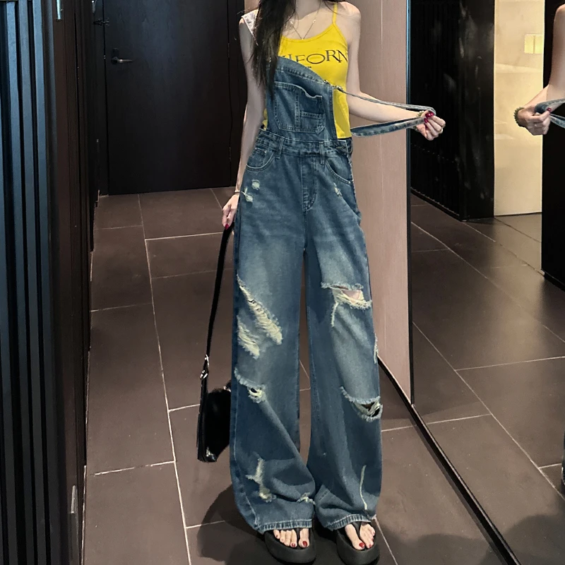 小个子美式复古破洞牛仔背带裤女2025秋季新款设计感宽松直筒裤