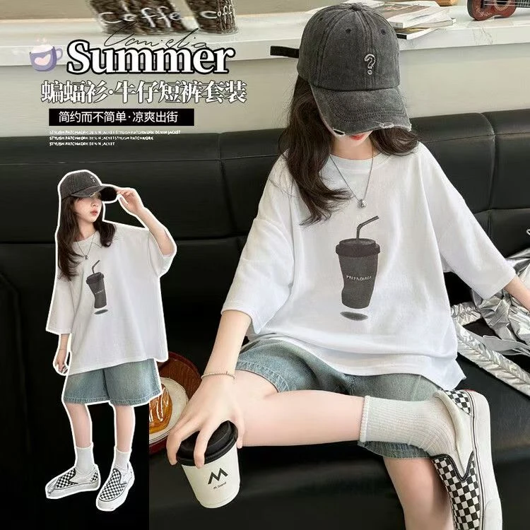 女童短袖时尚休闲百搭宽松牛仔套装夏季中大童孩薄款阔腿简约夏装