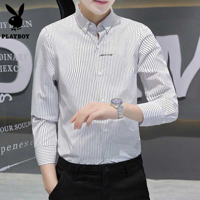 花花公子新款弹力衬衣休闲商务抗皱免烫长袖衬衫经典条纹衬衫男士
