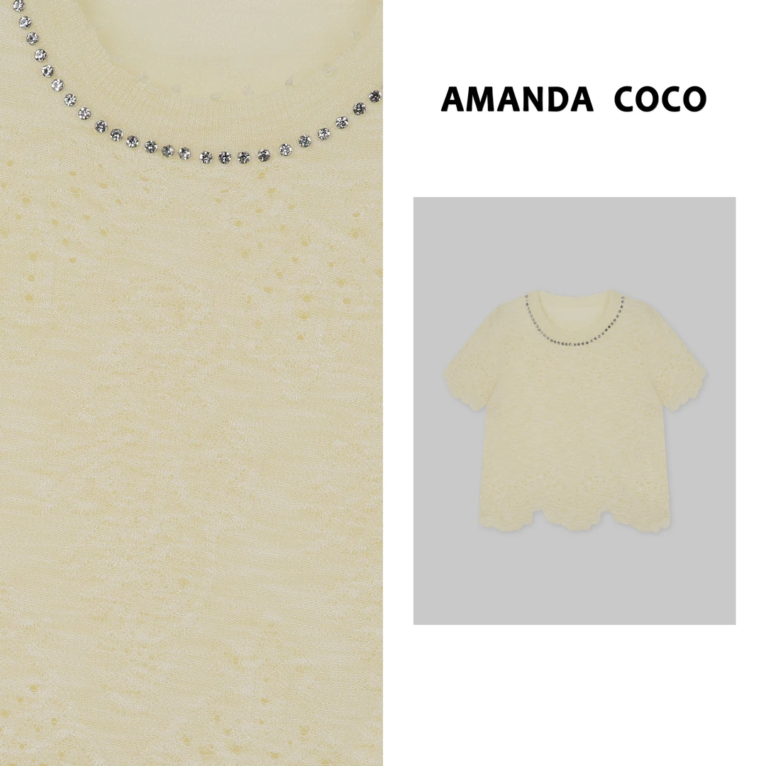 夏日轻彩～夏季钉钻提花小镂空设计感波浪边短袖针织衫