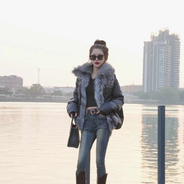 【茹哥】狐狸毛领羽绒服时尚羽绒服门襟毛领修身保暖外套