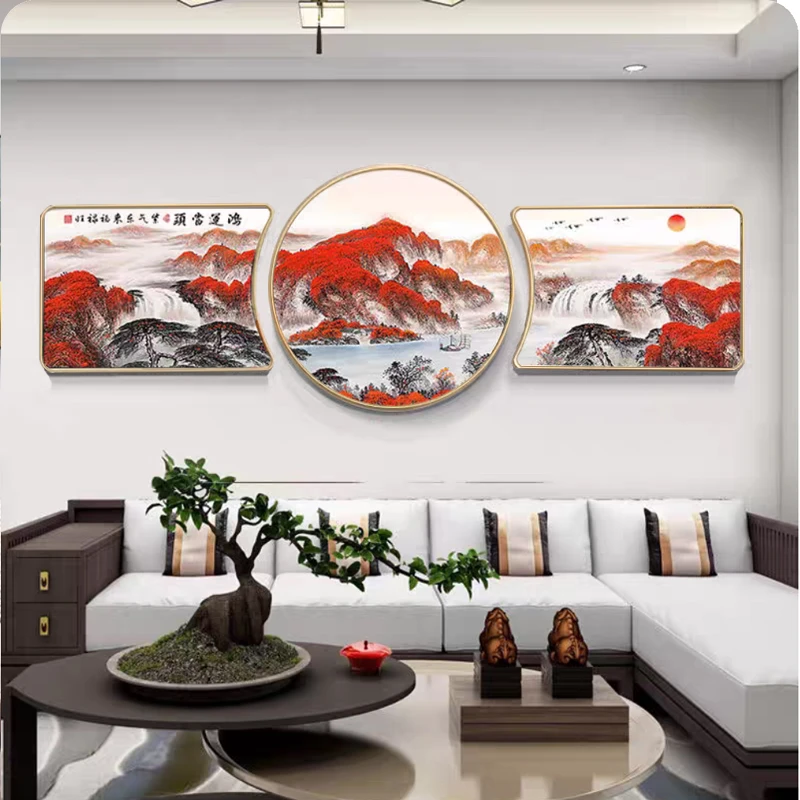 M03客厅装饰画三联画鸿运当头山水壁画艺术画高档沙发背景墙挂画