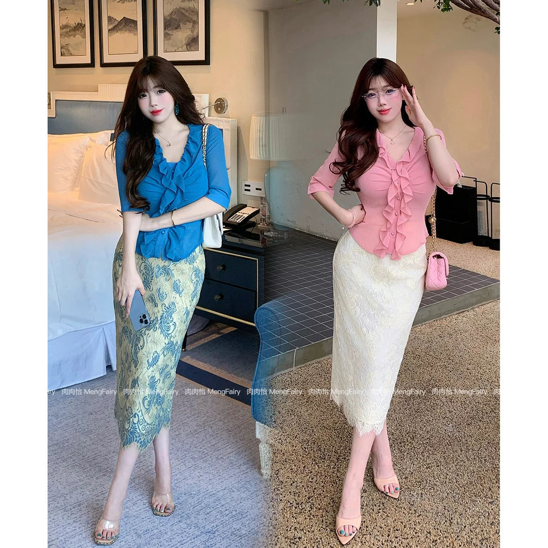 萌面侠肉肉怡 现货【智雅性感】流光风花边上镜T恤复古长款半裙6592