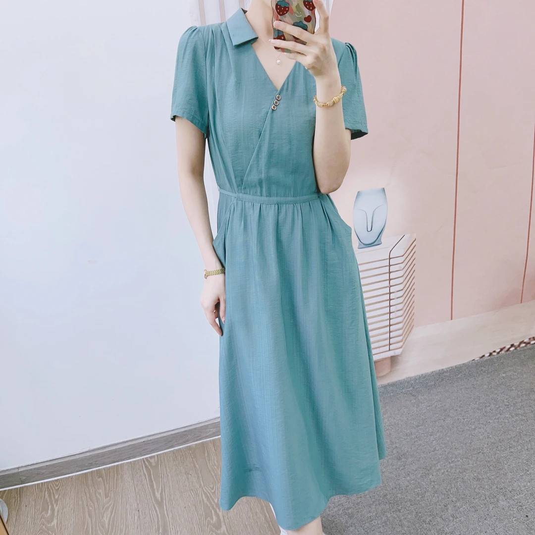 111清C2专柜撤柜汉派时尚气质简约翻领抽绳短袖中长连衣裙