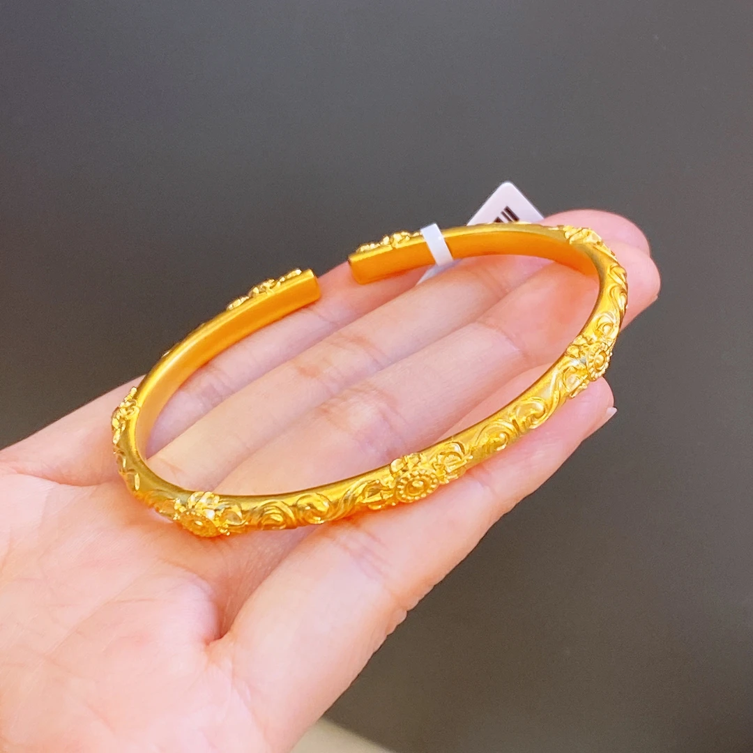 【铭记】足金999 卷草纹贵妃开口手镯 实心