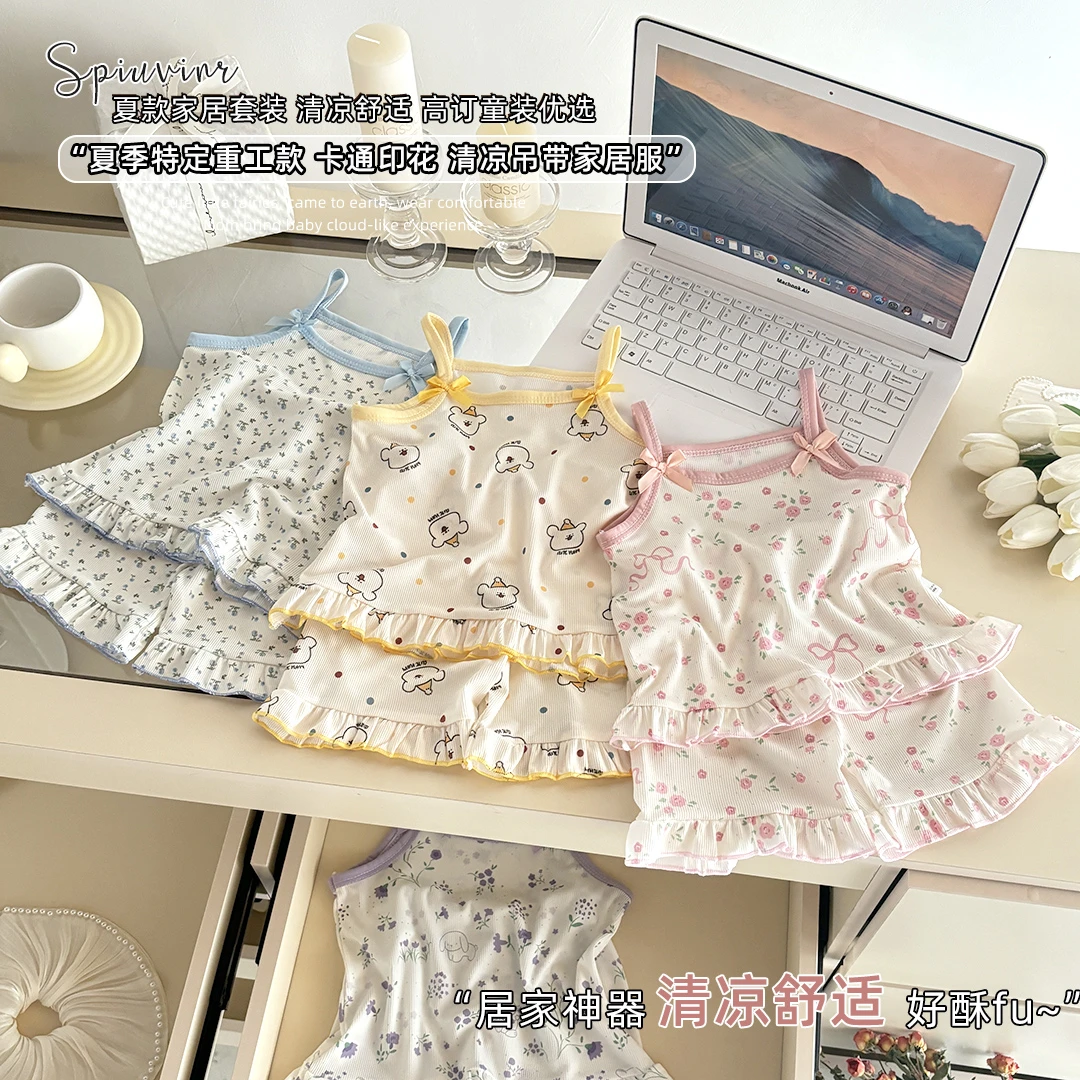 2025夏季儿童吊带套装女童无袖裙女童慵懒公主薄款碎花卡通洋气